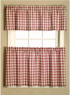 a red and white checkered window curtain