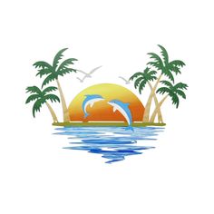 two dolphins jumping out of the water in front of palm trees and an orange sun