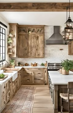 a large kitchen with wooden cabinets and white counter tops, along with an area rug on the floor