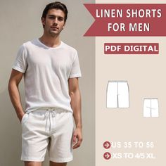 Digital sewing pattern for linen shorts for men. ➡️This pattern comes with an illustrated sewing guide with step-by-step instructions, making it super easy to make your own garment. If you're looking for a beginner-friendly project that will take 2 hours to make, then this is perfect for you! ➡️ US Sizes: 2, 4, 6, 8, 10, 12, 14, 16, 18, 20, 22, 24, 26, 28, 30 ➡️ Standard sizes: XS, S, M, L, XL, 2XL, 3XL, 4XL/5XL ➡️ These templates are suitable for A4, A0 and US Letter size paper. ➡️ Once your pa Mens Shorts Pattern, Summer Shorts For Men, Shorts Pattern Sewing, Linen Shorts Men, Sewing Templates, Swimwear Pattern, Shorts Pattern, Men's Swimwear, Shorts For Men