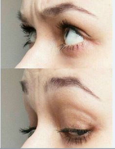 two pictures of the same woman's eyes with different lashes and eyebrows, one is showing