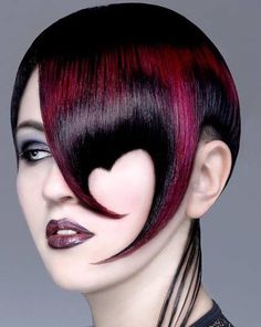 I LOVVVVE this haircut and will absolutely be getting it, as well as perhaps a star-shaped rendition!!! Heart Shape Bangs, Futuristic Black Hairstyles, Heart Bangs Hair, Geometric Hairstyles, Futuristic Haircut, Artistic Haircut, Heart Shaped Bangs, Heart Part Hairstyle, Geometric Haircut