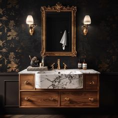 a bathroom sink sitting under a mirror next to a wall mounted faucet with lights on it