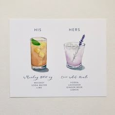 two different types of cocktails on a white background with the words his and hers written in cursive writing