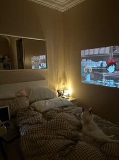 Plaid sheets 
Bear lamp
Projector
Aesthetic room Studio Apartment Projector, Sheet Projector Screen, Studio Ghibli Watching Tv, Cozy Room With Projector, Ghibli Dorm Room, Studio Ghibli Inspired Bedroom, Room Projector Aesthetic, Ghibli Core Room, Ghibli Bedroom Aesthetic