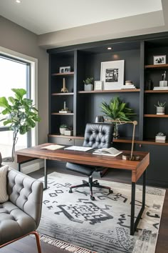 a home office with built in bookcases and leather chair next to the desk