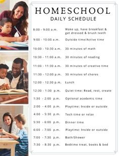 a flyer for homeschool daily schedule with pictures of children and adults working at desks