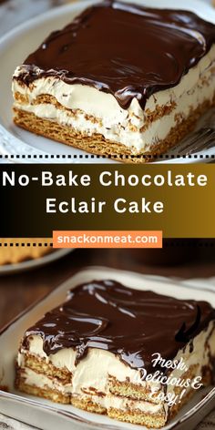 no - bake chocolate eclair cake on a plate with the title above it