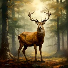 a painting of a deer standing in the middle of a forest with lots of trees