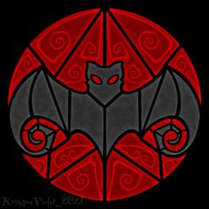 a bat that is in the middle of a red and black circle with swirls on it