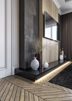 a modern living room with wood flooring and white vases on the shelf next to it