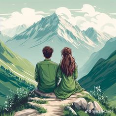 two people sitting on top of a mountain looking at the mountains