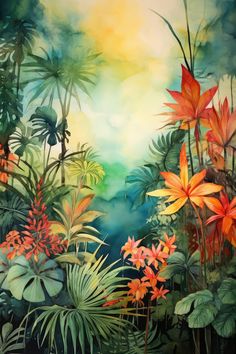 an oil painting of tropical plants and flowers