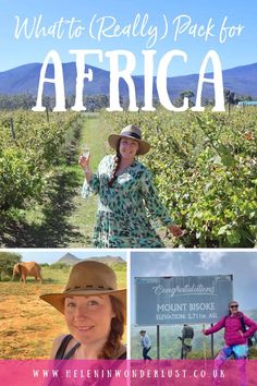 a woman in a hat standing next to a sign with the words what to really pack for africa