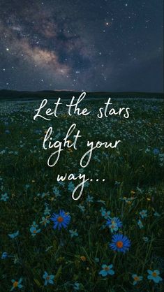 the words let the stars light your way in white lettering on a green field with blue flowers