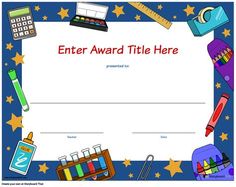 an award certificate with school supplies and pencils on the bottom, stars in the background