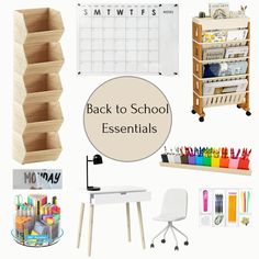 the back to school essentials are organized in this collage, including bookshelves, desk and chair