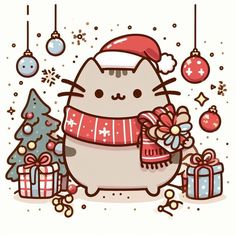 a cartoon cat wearing a santa hat and holding a christmas present in front of some presents