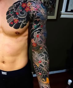 a man with tattoos on his arm and chest