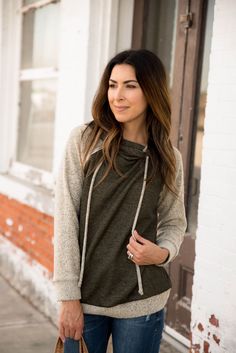 Two Toned Hoodie - S, Olive - $42.00 -  - Betsey's Boutique Shop Fleece Hoodie For Fall, Fall Fleece Hoodie For Layering, Sporty Double-lined Hooded Top For Fall, Casual Everyday Hoodie With Stretch, Athleisure Double-lined Hooded Top For Fall, Fall Hoodie With Double-lined Hood For Layering, Hooded Fall Hoodie For Layering, Fall Layering Hoodie With Double-lined Hood, Sporty Hoodie For Fall Layering