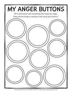 Emotions Art Therapy, Anger Buttons Worksheet, Social Worker Worksheets, Therapy Ideas For Teens, Anger Worksheets For Kids, Art Therapy Activities Printables, Activities For Middle Schoolers, Anger Management Activities For Kids, Anger Worksheets