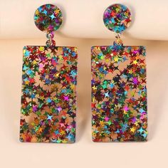 New Product Material Acrylic Free Box Multicolor Rectangular Earrings For Party, Trendy Brown Party Earrings, Trendy Brown Earrings For Party, Multicolor Plastic Earrings For Party, Shein Brasil, Rectangle Earrings, Sparkling Stars, Glitter Earrings, Sparkle Earrings