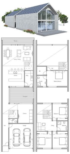 two story house plans with garage and living room in the middle, one bedroom on each floor