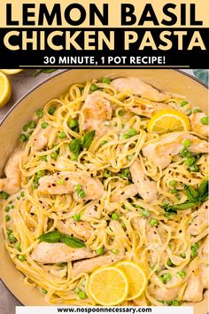 lemon basil chicken pasta in a skillet with peas and lemons