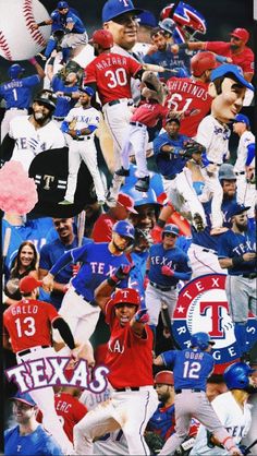 a collage of baseball players and fans in the stands at a texas rangers game