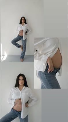 the woman is posing in jeans and a white shirt