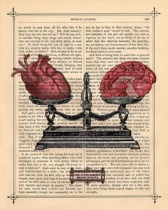 an old book page with two heart shaped objects on top of each other and the words,