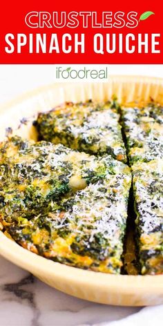 crustless spinach quiche in a pie pan with text overlay that reads, crustless spinach quiche