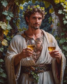 a man dressed in roman clothing holding two glasses of wine