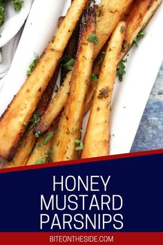 grilled honey mustard parsnips on a white plate with text overlay