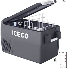 an iceco cooler with the lid open next to a cell phone and remote control