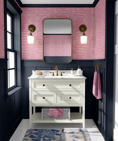 Interior Design Per La Casa, Downstairs Toilet, Pink Bathroom, Bathroom Wallpaper, Black Bathroom, Beautiful Bathrooms, Dream House Decor, Guest Bathroom, Dream Home Design