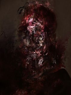 an abstract painting of a man's face with red and black paint splattered on it