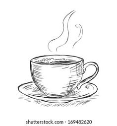 a cup of coffee with steam rising from the top on a saucer, hand drawn