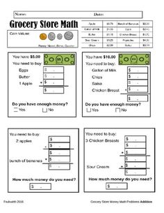 the grocery store math worksheet is shown with numbers and symbols for each item