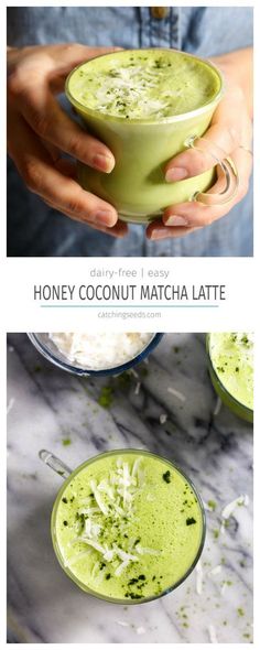 two photos showing the process of making matcha latte for breakfast or brunch