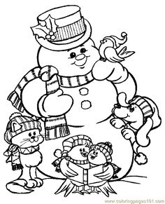 a black and white drawing of a snowman with two children in front of it