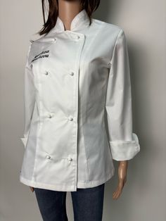 Jacket for Chef with embroidered name. Women's professional cooking clothing made of durable cotton and polyester fabric. The model has a fitted cut, it is also made according to individual sizes. You can order clothing with your name on it. Just send us your measurements and you have this great kit to work with. We choose the fabrics for our clothes with love and care. Care for this garment requires washing at 40 degrees without drying. Iron at a moderate temperature.  Join our audience for spe Women's Chef Jacket, Chef Clothing, Cook Clothes, Chef Jackets, Professional Cooking, Chef Clothes, Female Chef, Professional Clothing, Name Embroidery