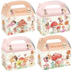 three boxes with fairy party designs on them