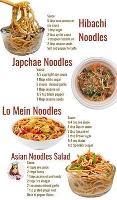 the different types of noodles are shown in this poster, with instructions for how to make them