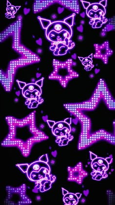 purple cats and hearts on black background with pink lights in the shape of heart shapes