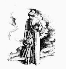 a black and white drawing of a man holding a child