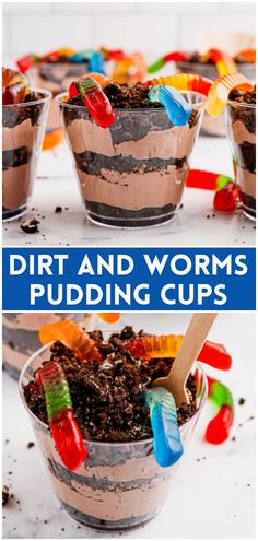 dirt and worms puddinging cups with candy on top