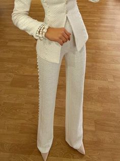 White Party Attire, Fancy Jumpsuit, White Pantsuit, Pant Suits For Women, Fashion Black And White, Elegant Pant, Mid Waist Pants, Elegant Jacket, Pantsuits For Women