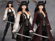 three different poses of a woman in pirate costumes with swords and hats on her head