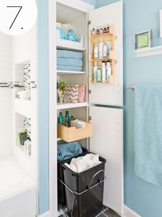 the bathroom is clean and ready to be used as a storage area for towels, toiletries and other items